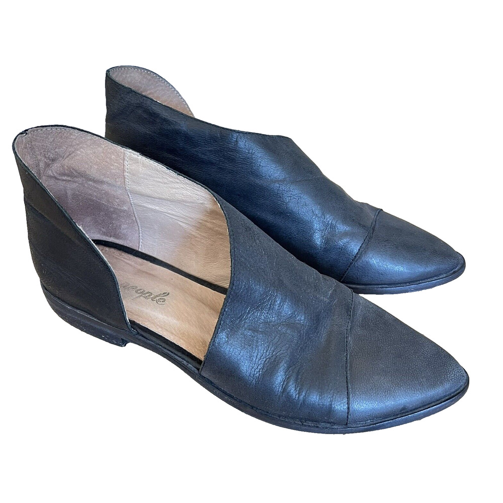 Free People Royale Flats Black Leather Pointed D'Orsay Slip On Shoes
